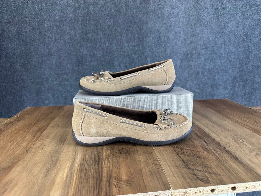 Vionic Orthaheel Petaluma Loafers Womens 8 Taupe Suede Moccasin Kiltie Fringe